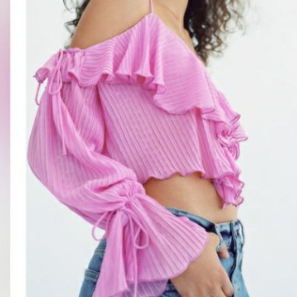 Zara Top Bubblegum Pink Off The Shoulder Cropped Ruffles Spring Summer Medium